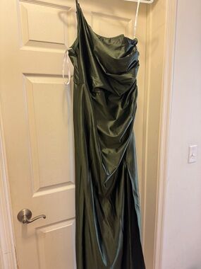 One-Shoulder Olive Green Satin Evening Gown